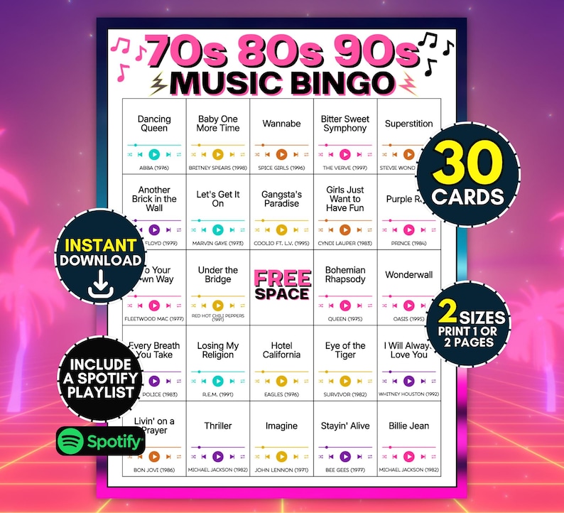 Puede incluir: Una tarjeta de juego de Bingo Musical de los 70, 80 y 90 con una cuadr&iacute;cula de t&iacute;tulos de canciones y nombres de artistas con iconos de reproducci&oacute;n. Incluye un espacio libre central, 30 tarjetas, 2 tama&ntilde;os, descarga instant&aacute;nea y lista de Spotify.
