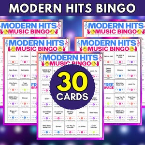 Op de afbeelding: Een set Modern Hits muziekbingokaarten met een wit raster met songtitels, artiestennamen en jaartallen. De koptekst toont Modern Hits Music Bingo met smiley-pictogrammen. Een grote paarse cirkel geeft aan 30 Cards.