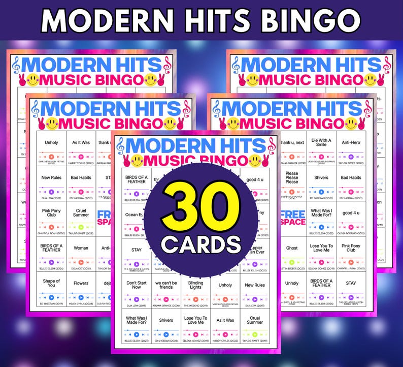 Op de afbeelding: Een set Modern Hits muziekbingokaarten met een wit raster met songtitels, artiestennamen en jaartallen. De koptekst toont Modern Hits Music Bingo met smiley-pictogrammen. Een grote paarse cirkel geeft aan 30 Cards.