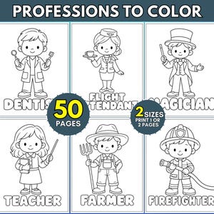 Puede incluir: Un libro de colorear digital titulado PROFESSIONS TO COLOR con 50 páginas de ilustraciones en blanco y negro de varias profesiones como dentista, auxiliar de vuelo, mago, profesor, granjero y bombero en 2 tamaños.