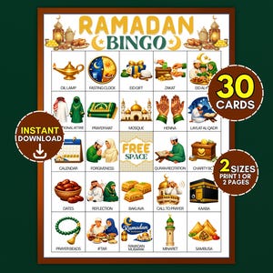 May include: A Ramadan Bingo game card featuring a grid of illustrations including an oil lamp, fasting clock, mosque, prayer mat, dates, and baklava. The text reads Ramadan Bingo, Free Space, and includes labels for 30 cards and 2 sizes.