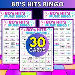 May include: A set of 80's Hits Music Bingo cards featuring a grid layout with song titles, artist names, and release years. A large circular purple and yellow graphic in the center displays the text 30 CARDS. The design includes musical notes.