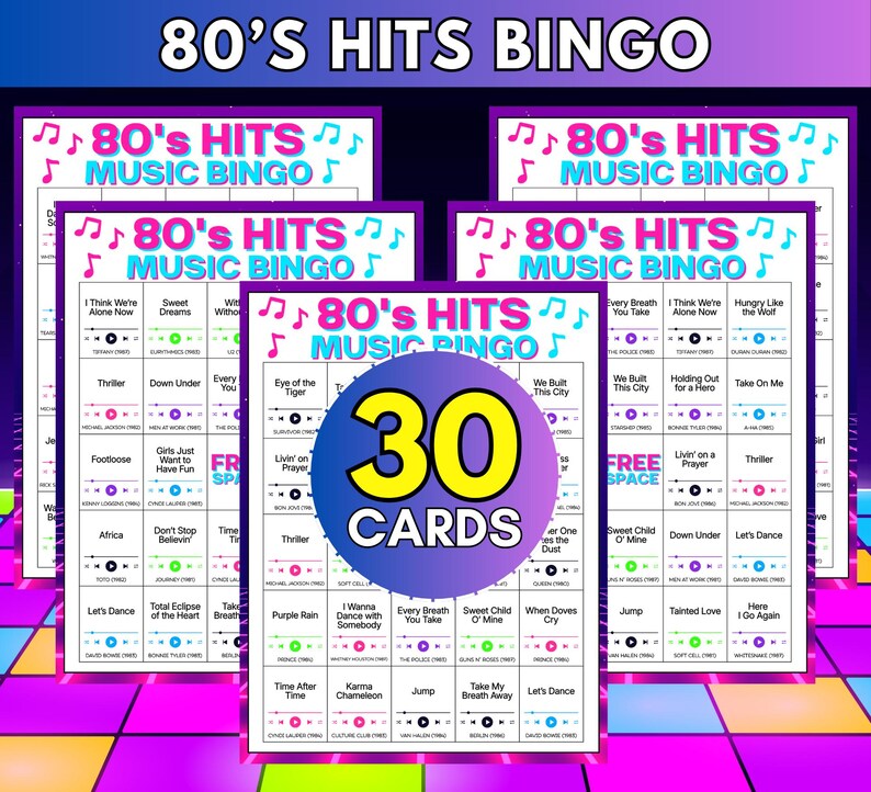 May include: A set of 80's Hits Music Bingo cards featuring a grid layout with song titles, artist names, and release years. A large circular purple and yellow graphic in the center displays the text 30 CARDS. The design includes musical notes.
