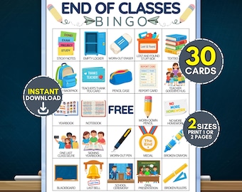 30 Ende des Schuljahres Bingokarten für Kinder, Schule am letzten Tag Klassenzimmer Aktivität, lustige Sommerpause Spiel, Studenten Feier, Sofort Download