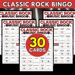 May include: A set of Classic Rock Music Bingo game cards featuring a white grid with song titles, artist names, and release years. A large red circular graphic in the center displays the text 30 CARDS in bold yellow and white lettering.