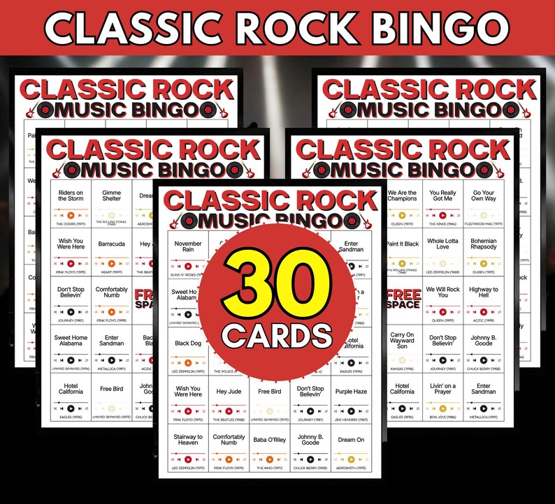 May include: A set of Classic Rock Music Bingo game cards featuring a white grid with song titles, artist names, and release years. A large red circular graphic in the center displays the text 30 CARDS in bold yellow and white lettering.