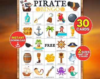 30 Theme Pirate Bingo Printable Game, Classroom Treasure Hunt Cards, Talk Like A Pirate Day Fun Kids Activity, Ocean Theme Instant Download