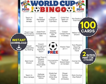 2026 World Cup Match Moments Bingospiel, 100 Fußballuhr Party druckbare Karten, Fußballspielbetrachtung lustige Ideen, Teamaktivität für große Gruppen