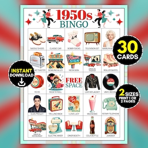 May include: A 1950s bingo game card featuring a grid of illustrations including saddle shoes, a classic car, bobby socks, a television set, Marilyn Monroe, a toaster, bowling alley, neon sign, drive-in theater, roller skates, yo-yo, rock 'n' roll, leather jacket, vinyl record, Elvis Presley, tin lunchbox, I Love Lucy, milkshake, rotary telephone, drive-in restaurant, electric mixer, diner booth, cola bottle, and a jukebox.