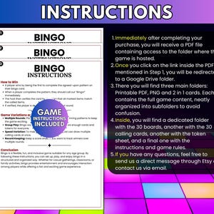 May include: A digital bingo game instruction sheet featuring a step-by-step guide on how to access files via a Google Drive link. The document outlines game rules, winning patterns, and variations, with a circular badge stating Game Instructions Included.