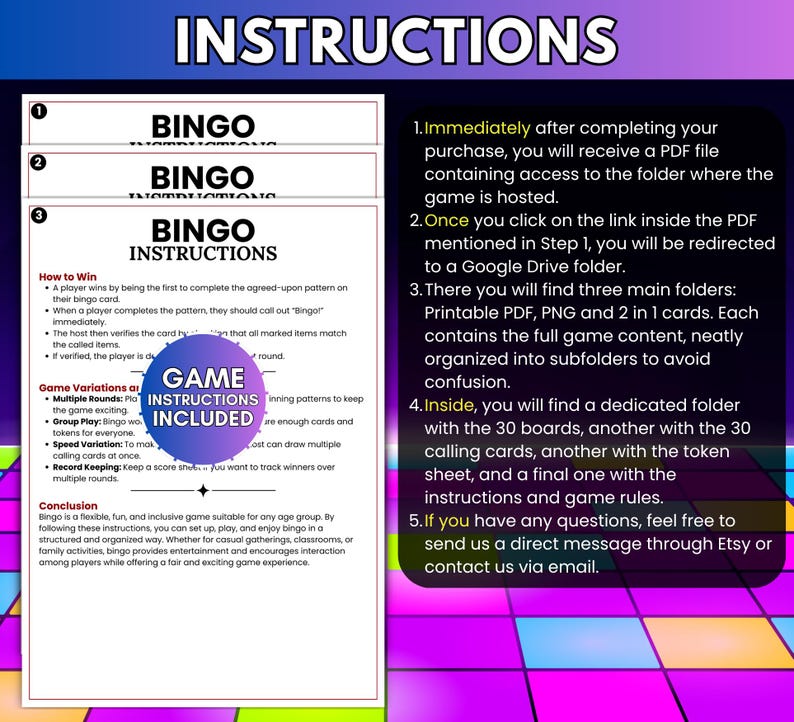 May include: A digital bingo game instruction sheet featuring a step-by-step guide on how to access files via a Google Drive link. The document outlines game rules, winning patterns, and variations, with a circular badge stating Game Instructions Included.