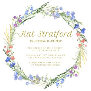 LDS Baptism Program and Invitation - Template Wildflower Wreath Program - Editable Digital Download
