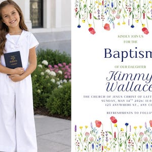 Taufprogramm und Einladung für Mitglieder der Kirche Jesu Christi der Heiligen der Letzten Tage – Vorlage für ein Wildblumenprogramm – Bearbeitbarer digitaler Download
