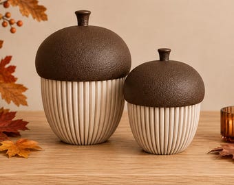 Acorn container with screw cap | LED tealight holder | 3D print | Modern decor | Fuzzy skin | Japandi home accessory | Autumn decor