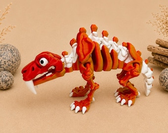 Esqueleto flexible de tigre dientes de sable impreso en 3D | Animal articulado | Figura de esqueleto | Decoración fósil | Regalo para aficionados a la prehistoria