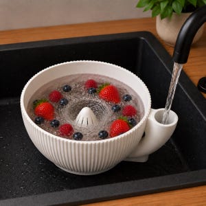 May include: A white plastic colander bowl with a ribbed exterior and a side spout, filled with water, fresh red strawberries, and dark blue blueberries. A black kitchen faucet pours a stream of water into the side spout of the bowl.