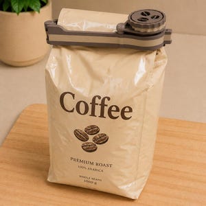 Könnte beinhalten: Ein beigefarbener Kaffeebeutel mit 1000 g ganzen Bohnen, beschriftet mit Coffee, Premium Roast und 100% Arabica. Der Beutel ist oben mit einem dunkelbraunen Kunststoffclip verschlossen, der ein kreisförmiges Einstellrad mit Kaffeebohnenmotiv hat.