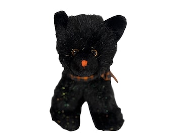 Russ Berrie Burnside Black Cat Plush Halloween Tinsel Bow Stuffed Animal 7"