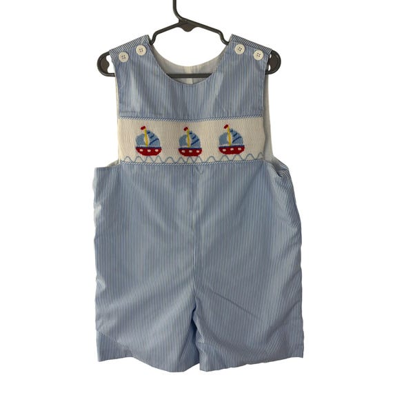 Remember Nguyen Boys Smocked Sailboat Pinstripe Romper Blue White 4T Nautical