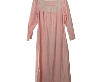 Camisón rosa vintage de Vanity Fair con encaje y bordado floral, manga larga, talla M, fabricado en EE. UU.