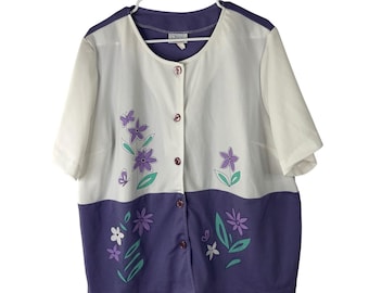 Only Necessities Womens 1X Purple White Floral Button Front Blouse Top Plus Size