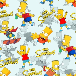 May include: A repeating pattern featuring Bart Simpson from The Simpsons in various poses, including skateboarding, holding spray paint cans, and waving, interspersed with the yellow The Simpsons logo on a light blue background.