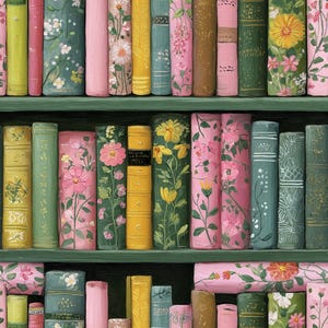 May include: A collection of books arranged on shelves, featuring various spines in shades of pink, green, yellow, and brown. Many spines are decorated with floral patterns, including daisies and roses, while others are solid or textured.