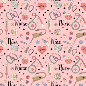 May include: A repeating pattern on a light pink background featuring the word Nurse in black script, alongside medical illustrations including stethoscopes, thermometers, heart rate monitors, pills, flowers, and small black four-pointed stars.