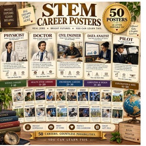 May include: A collection of 50 STEM career posters featuring educational information about various professions. The set includes five large featured posters for physicist, doctor, civil engineer, data analyst, and pilot, alongside 45 smaller cards.