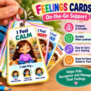 Puede incluir: Un juego de tarjetas de sentimientos plastificadas en un llavero de metal. La tarjeta frontal presenta una ilustración de dibujos animados de un niño meditando con el texto I Feel CALM e I can try... seguido de iconos para respirar, escuchar música y leer.