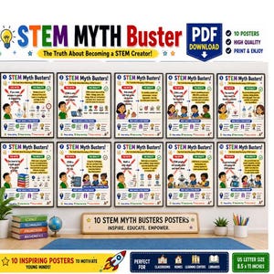 Könnte beinhalten: Ein Set aus zehn STEM Myth Buster Postern mit pädagogischen Illustrationen und Texten. Jedes Poster zeigt einen Vergleich zwischen Mythos und Realität in den Bereichen Wissenschaft, Technik, Ingenieurwesen und Mathematik. Format 21,59 x 27,94 cm.