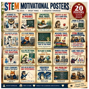 STEM Growth Mindset Motivational Posters Set of 20 | Vintage Science Classroom Decor | Math Engineering Robotics Technology | Printable PDF