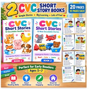 Op de afbeelding: Een set van twee CVC-kortverhalenboeken voor beginnende lezers van 5-7 jaar, met in totaal 20 pagina's. De covers tonen kleurrijke illustraties van dieren en voertuigen met de tekst CVC Short Stories en Read, Color, Learn.