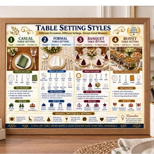 以下が含まれることがあります： Table Setting Stylesというタイトルの額入り教育ポスター。カジュアル、フォーマル、バンケット、ビュッフェの4つのセクションで構成されています。各セクションには、写真による例、必要な食器のリスト、主な特徴、および使用場面が記載されています。