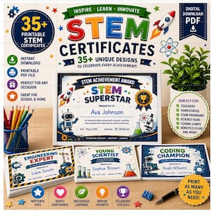 May include: A collection of printable STEM certificates featuring colourful graphics of rockets, robots, and science equipment. The designs include titles like STEM Superstar, Engineering Expert, Young Scientist, and Coding Champion with blank spaces for names, dates, and signatures.