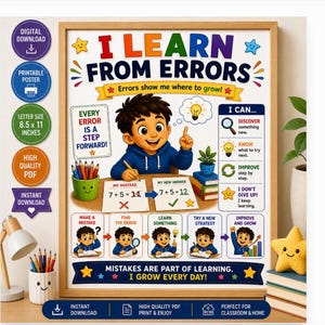 May include: A framed educational poster titled I LEARN FROM ERRORS featuring a cartoon character at a desk with math problems, a list of I CAN learning steps, and colorful graphics. The poster includes text such as Every error is a step forward and Mistakes are part of learning. I grow every day.