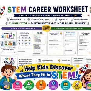 STEM Career Worksheet for Kids, Career Exploration Workbook, What Is STEM Activity, Printable PDF, Teacher Resource, Career Path