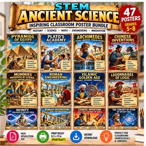 May include: A STEM Ancient Science classroom poster bundle featuring 47 posters for grades 5-8. The collection includes illustrations of the Pyramids of Egypt, Plato's Academy, Archimedes, Chinese inventions, mummies, Roman engineering, and more.