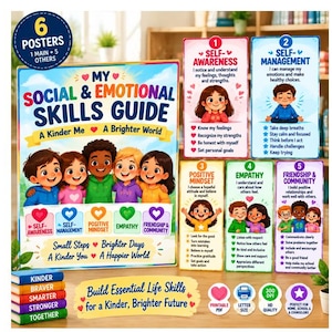 May include: A set of six educational posters titled My Social & Emotional Skills Guide, featuring colorful illustrations of children and text covering topics like self-awareness, self-management, positive mindset, empathy, and friendship and community.