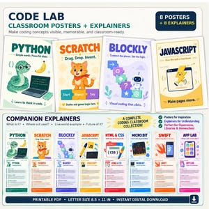 May include: A set of 8 educational posters and 8 explainers titled Code Lab, featuring colourful illustrations of Python, Scratch, Blockly, and Javascript. The collection includes printable PDF files in 21.6 x 27.9 cm letter size for classroom use.
