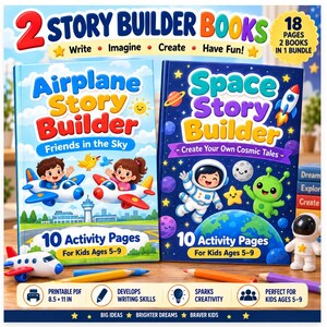 May include: Two story builder books titled Airplane Story Builder and Space Story Builder. The set includes 18 pages total, 10 activity pages per book, and is for kids ages 5-9. The books are 8.5 x 11 inches and feature colourful illustrations.