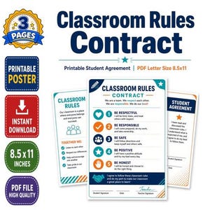 May include: A Classroom Rules Contract printable set featuring three pages of student agreements in 8.5x11 inch letter size. The documents include numbered lists of rules, icons, and signature lines for students and teachers, presented in a clean, professional layout.