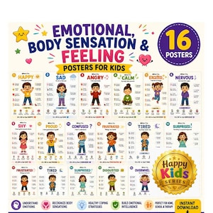 Puede incluir: Un conjunto de 16 pósteres educativos titulados Emotional, Body Sensation & Feeling Posters for Kids. Cada póster presenta un personaje de dibujos animados que ilustra una emoción específica con texto descriptivo, estrategias y sensaciones corporales.