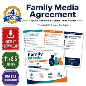 May include: A four-page Family Media Agreement digital contract featuring sections for screen time guidelines, rules, and consequences. The document includes text about digital citizenship, safety, and balance, measuring 8.5 by 11 inches.