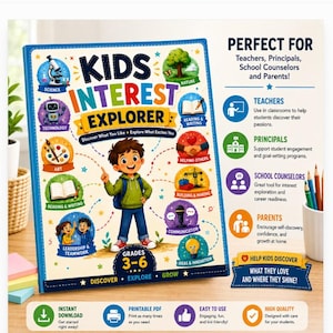 Può includere: Un libro di attività Kids Interest Explorer per le classi 3-6 con un personaggio centrale circondato da icone circolari colorate che rappresentano scienza, tecnologia, arte, lettura, scrittura, natura, aiuto agli altri e comunicazione.