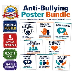 Può includere: Un pacchetto digitale di 21 poster anti-bullismo stampabili in formato PDF da 8,5x11 pollici. La collezione presenta grafiche colorate e testi come Stop Bullying, Physical Bullying, Cyberbullying, Be An Upstander, Kindness Matters, Words Hurt, Respect Everyone e Together We Can.