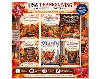 Thanksgiving-Poster für die USA | 6 druckbare Wandbilder zum Thema Thanksgiving | Dekoration für Zuhause, Büro oder Klassenzimmer | Friendsgiving | Amerikanisches Thanksgiving (PDF)