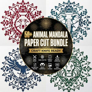 Può includere: Una collezione digitale di oltre 50 disegni di mandala di animali da ritagliare su carta, raffiguranti un lupo, un elefante, un'aquila e un leone. Il grafico circolare centrale mostra il testo 50+ ANIMAL MANDALA PAPER CUT BUNDLE e CRAFT KNIFE READY.