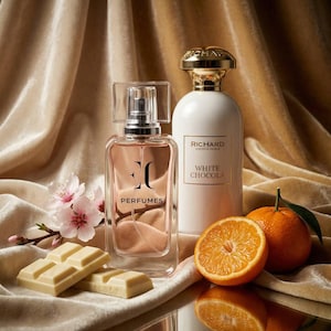 Op de afbeelding: Twee glazen parfumflesjes, één doorzichtig met een zwart logo en de tekst PERFUMES, de andere ondoorzichtig wit met de tekst RICHARD WHITE CHOCOLA. Vergezeld door witte chocoladestukjes, een verse sinaasappel en een takje met roze bloesems.