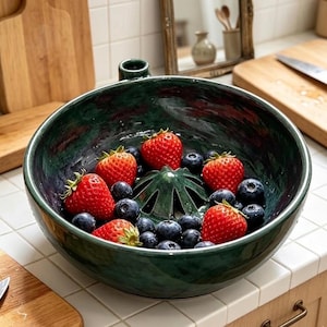 Ceramics Berry Washing Bowl with Drain Spout, Fruit Rinsing, Farmhouse Prep Bowl for Berries & Veggies,Tabletop Decor, Housewarming Gift